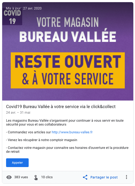 Bureau Vallée utilise les Google Posts sur ses fiches Google My Business