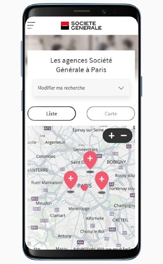 Le Store Locator de la Société Générale sur mobile, avec la page répertoriant les agences sur la carte