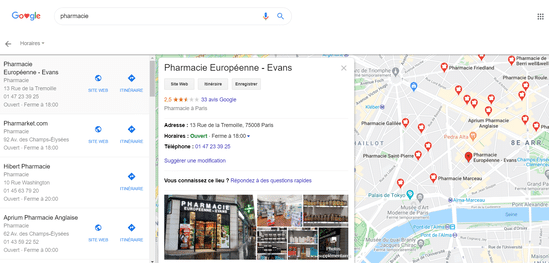 Les fiches Google My Business sont affichées sur la carte Google Maps.