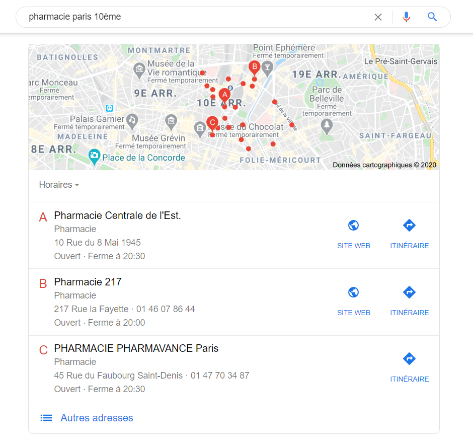 Le pack local de Google affiche les meilleurs résultats locaux pour une recherche donnée.