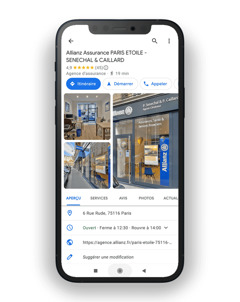 La fiche Google Business Profile d'une agence Allianz
