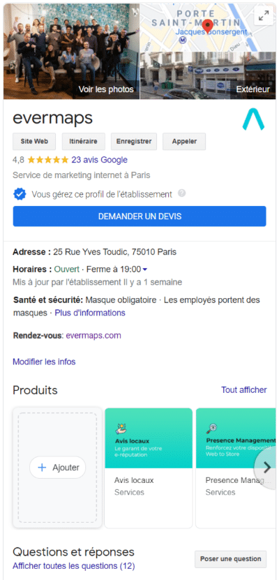 La fiche Google My Business evermaps