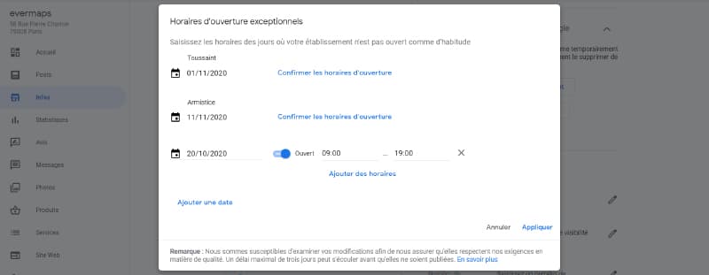 Le paramétrage des horaires exceptionnels dans Google my Business