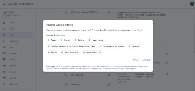 Le paramétrage des horaires supplémentaires dans Google my Business 