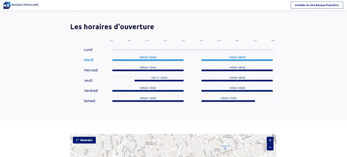 Les horaires d'ouverture d'une agence Banque Populaire sur sa page locale