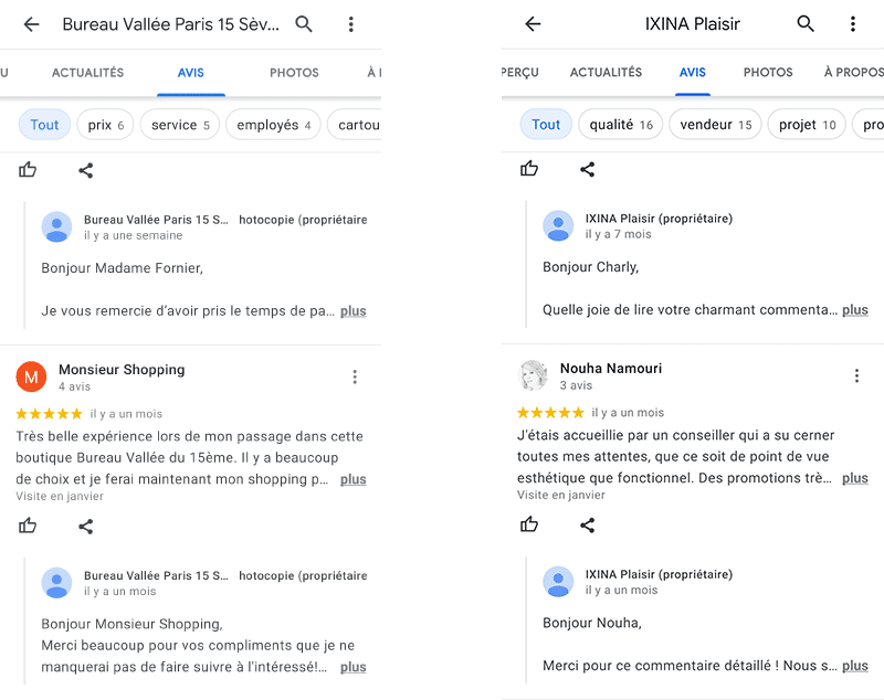 Bureau Vallée et Ixina répondent régulièrement aux avis clients Google My Business