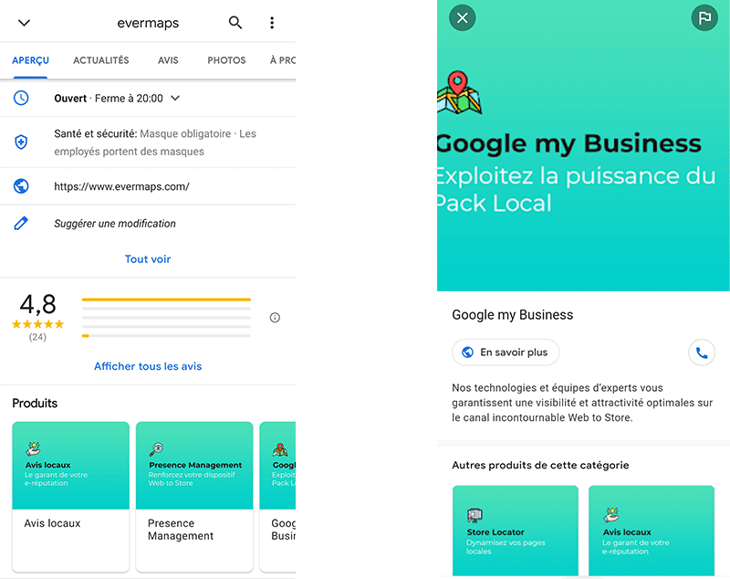 La catalogue Produits sur la fiche Google My Business evermaps