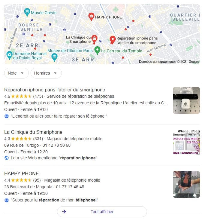 Le Pack Local de Google affiche différentes justifications Google My Business