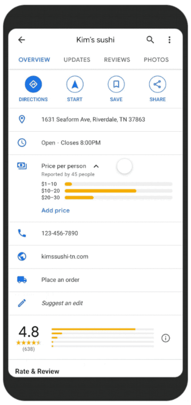 La fourchette de prix des restaurants sera affiché dans Google Business Profile