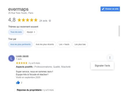 Un avis client sur la fiche google business profile evermaps