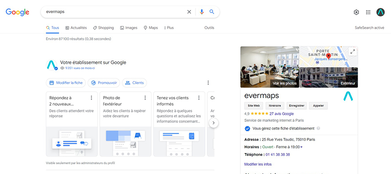 La fiche Google Business Profile evermaps sur la page de résultat Google