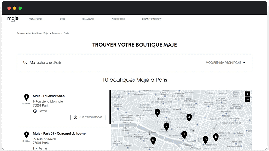 La page de résultats du Store Locator Maje